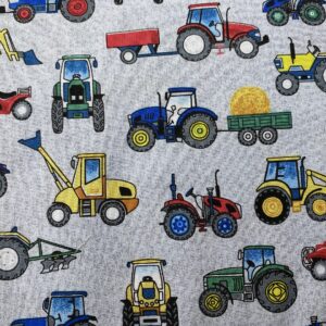 Patchwork stof - grå med traktor og rendegraver