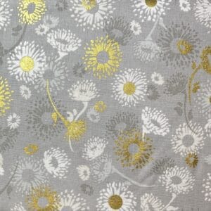 Patchwork stof - grå med guld og hvide blomster