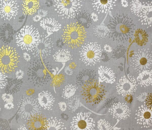 Patchwork stof - grå med guld og hvide blomster