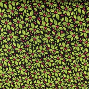 Patchwork stof - sort med grønne blade og røde bær