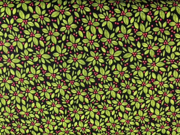 Patchwork stof - sort med grønne blade og røde bær