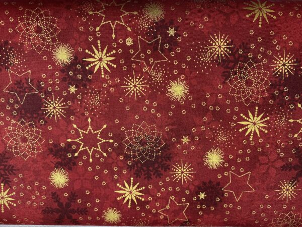 Patchwork stof - dyb rød med guldstjerner
