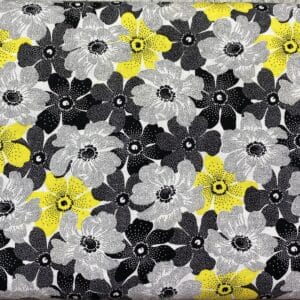Patchwork stof - sorte, grå og gule blomster