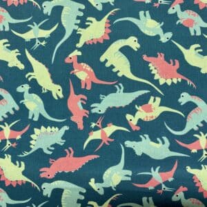 Patchwork stof - blå med dinosaur