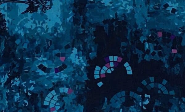 Patchwork stof - blå med firkanter i cirkler