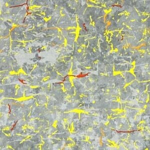 Patchwork stof - grå med gul og rød mønster