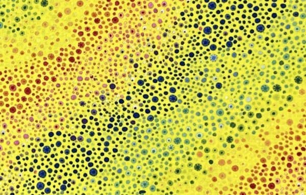 Patchwork stof - gul med farverige prikker