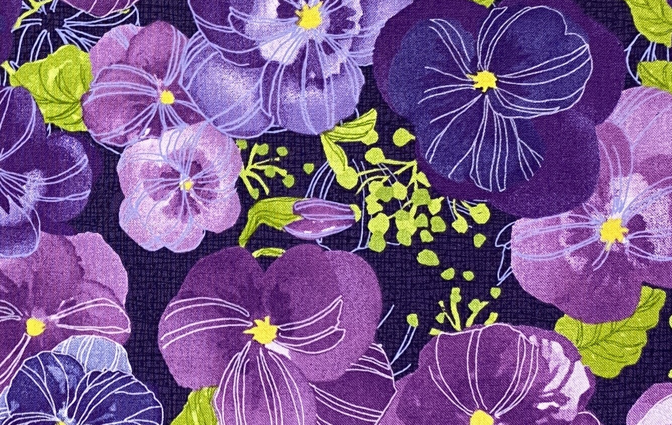 Patchwork stof - blå med lilla blomster