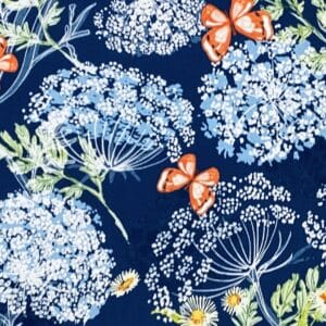Patchwork stof - blå baggrund med hvide blomster og røde sommerfugle