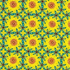 Patchwork stof - gult stof med rød og blå mønster