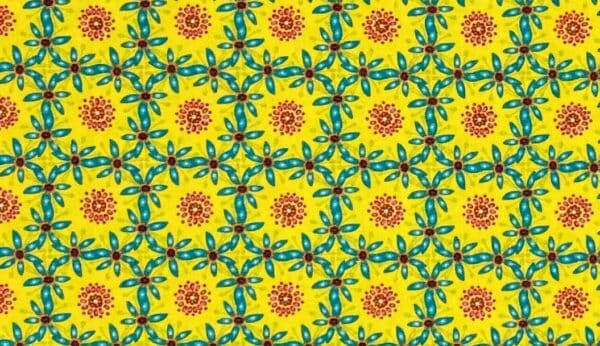 Patchwork stof - gult stof med rød og blå mønster