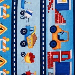 patchwork stof - Borter med entreprenørmaskiner, traktor, gravko