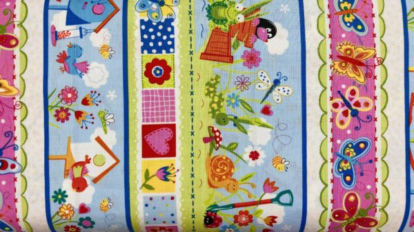 Patchwork stof - Borter med snegle, mariehøns, sommerfugle, blomster