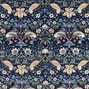 patchwork stof - Jordbærtyv William Morris mørkeblå bund