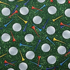 Patchwork stof - Grøn med golfbolde og tee´s