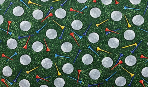 Patchwork stof - Grøn med golfbolde og tee´s