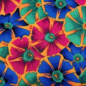 Patchwork stof - petunia orange blå og grøn Kaffe fassett