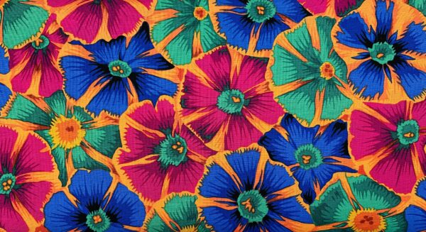 Patchwork stof - petunia orange blå og grøn Kaffe fassett