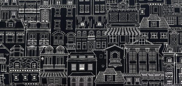 Patchwork stof - Sort med råhvid stregtegning af diverse huse