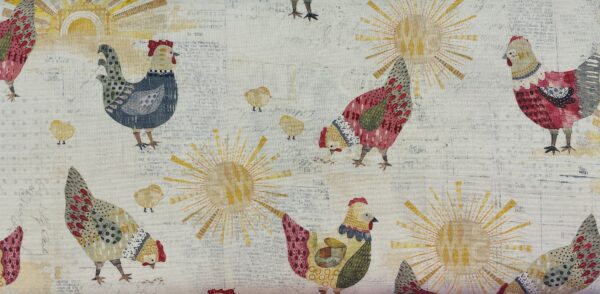 Patchwork stof - sjove høns på beige brunlig bund