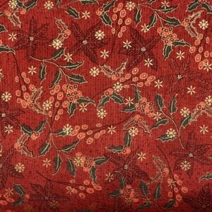 Patchwork stof - Dyb rød med små kviste og grønne blade med guld tryk