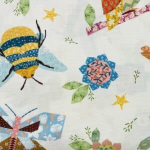 Patchwork stof - Motiver af fugle, sommerfugle, hummelbier, blomster, ugler hvor felterne er som trykt stof