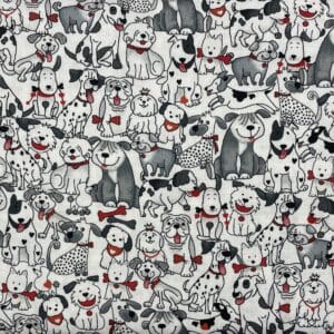 Patchwork stof - Søde hunde i sort hvid med røde kødben