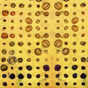 Patchwork stof - Gul med prikker i variable størrelser og farver