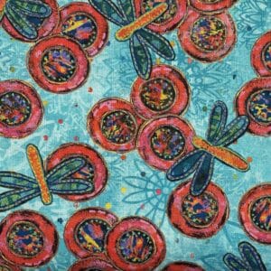 Patchwork stof - Turkis med guldsmede og Cirkelblomster