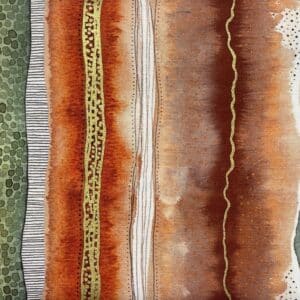 Flora & Form - FireOpal - Stof med Grønne og orange bølger og streger med guld